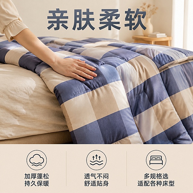 使用电商主图技能生成5张比例1:1的电商主图，适配平台为淘宝/天猫，商品为「图片1」，商品卖点为蓝大格，新款冬被，加厚保暖，多规格可选
