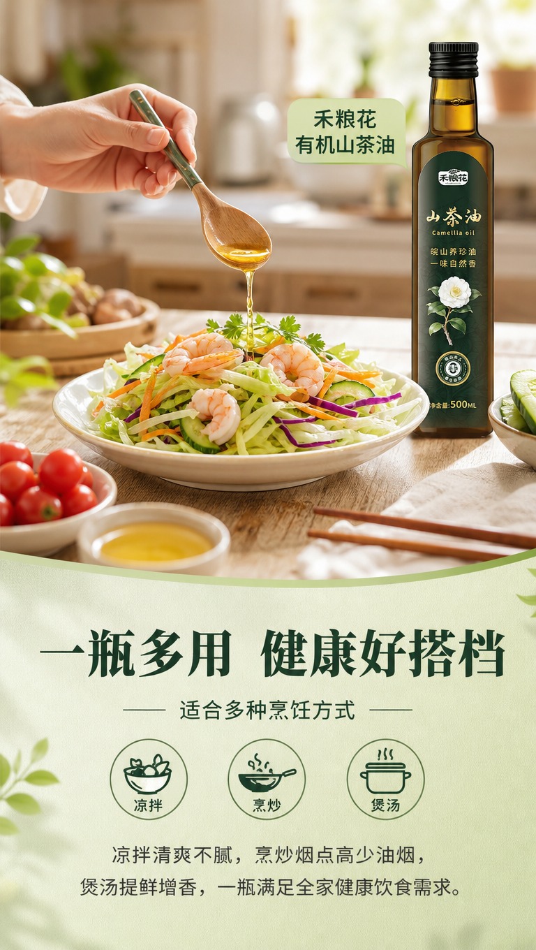 [商品] 使用【图1】禾粮花500ml有机山茶油玻璃瓶（正面）… - 图片创意预览