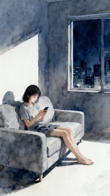 水彩风格，画面简洁高级，女孩独自坐在沙发上，房间光线昏暗，窗外是城市夜景，她拿着手机，神情疲惫空洞，氛围孤寂落寞预览效果