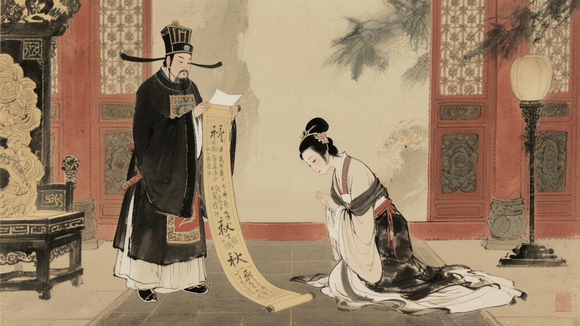 宦官手持圣旨宣读，杜秋娘跪地接旨，神情悲戚预览效果