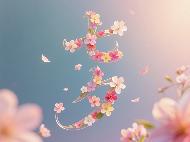 竖排文字"七夕"，线条流畅，手写，花瓣拼出的艺术字。点缀花朵元素。渐变背景，浪漫七夕氛围。