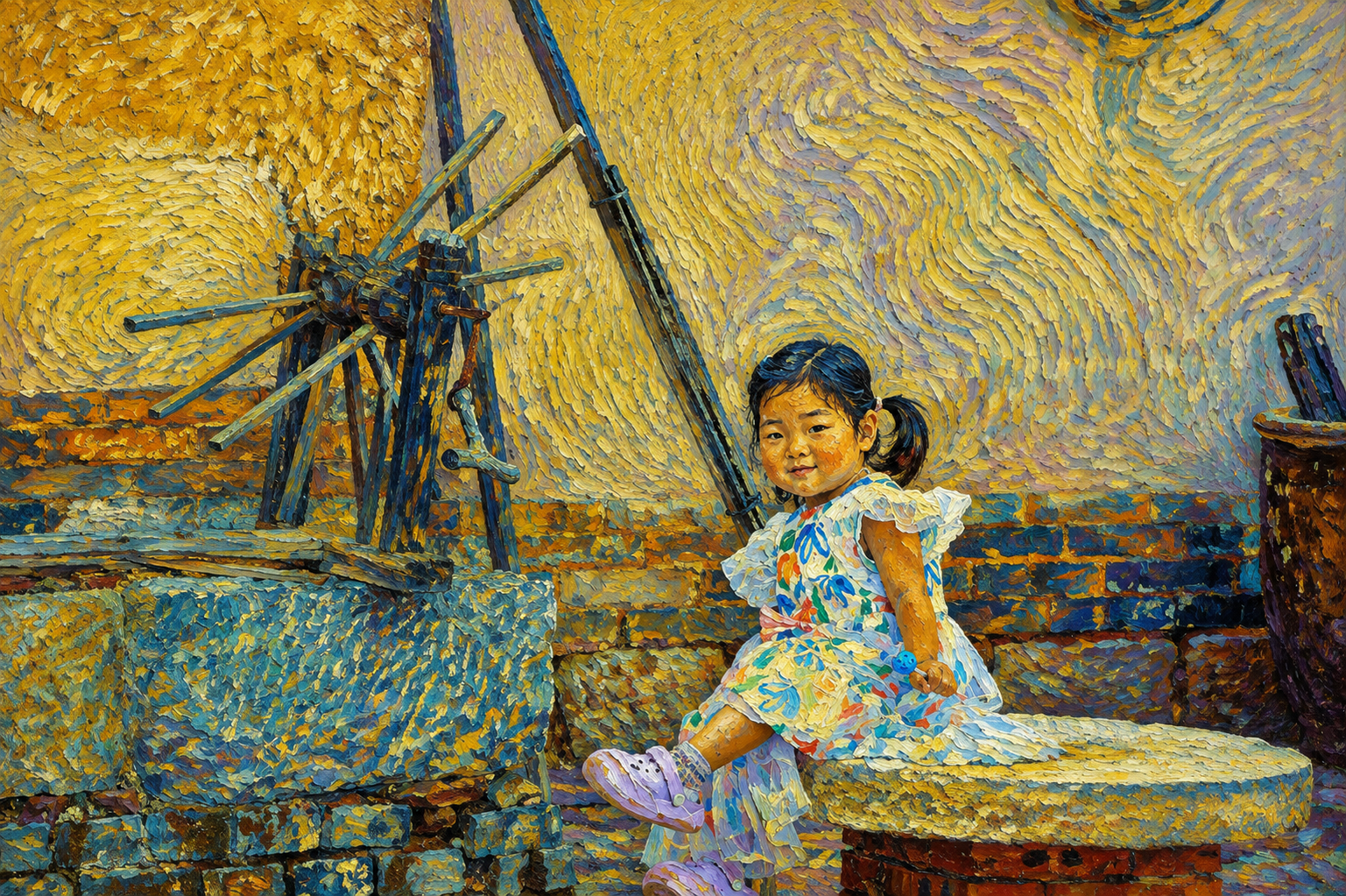 将这张照片转换为梵高风格的油画作品，保留画面中人物和场景的主体… - 图片创意预览