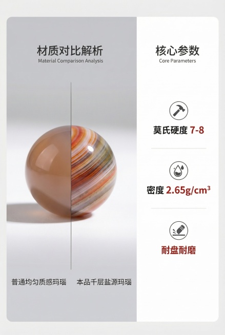 盐源玛瑙材质对比解析，左侧40%为材质对比图，右侧60%为参数文字区。对比图中左侧为普通均匀质感玛瑙，右侧为本品千层盐源玛瑙，同角度同尺寸拍摄，对比展示产品多色交织千层纹理与普通单色玛瑙的差异，光线统预览效果