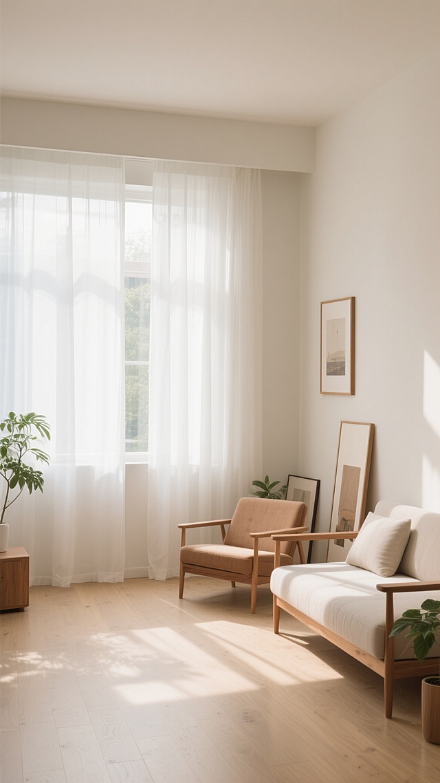 极简主义风格的居家背景，明亮柔和的自然光透过白色半透明窗帘洒入房间，形成柔和的光影效果，浅米色墙面搭配浅色木地板，房间角落摆放着不同画面内容的舒适家具，整体色调以米白、浅棕、原木色为主，营造出宁静、温馨、简约而高级的居家氛围，光线充足，空间感通透，细节处有绿色植物点缀增添生机。