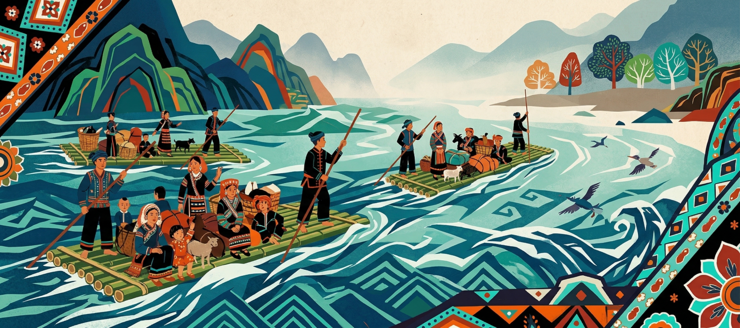 全新构图，扁平风格民族绘本插画，呈现拉祜族人渡江迁徙：多只竹筏漂浮在滔滔江面上，每只竹筏都载着拉祜族男女老少和行李家当，竹筏驶向远处未知对岸，江水浪涛翻涌，遵循参考图扁平民族绘本风格，融入拉祜族传统配预览效果