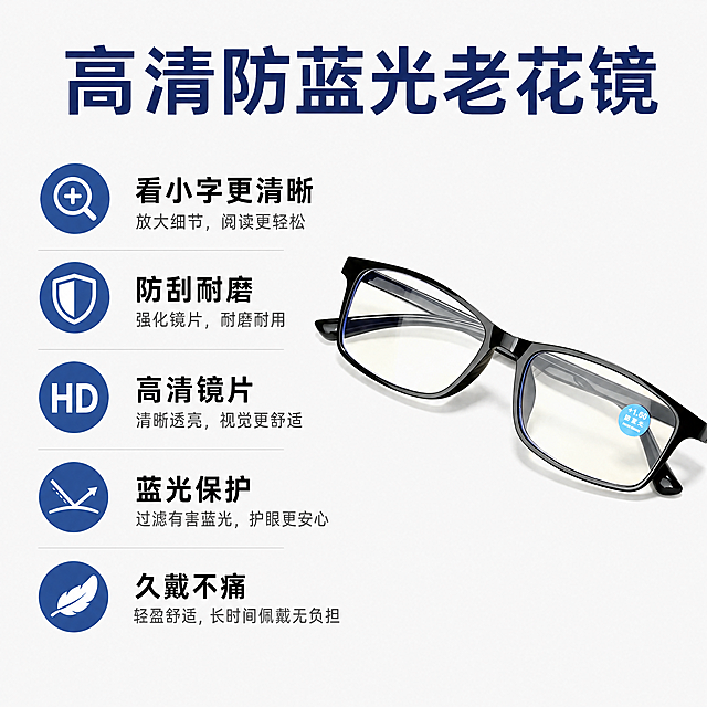 [主图6]全卖点汇总图，眼镜放右侧保持原图外观，左侧分条列卖点：看小字更清晰、防刮耐磨、高清镜片、蓝光保护、久戴不痛。顶部大字"高清防蓝光老花镜"，拼多多直白简约风格，浅灰白背景，左文右图，1:1比例，4K，清晰排版。负向：变形，文字错乱，杂乱。
