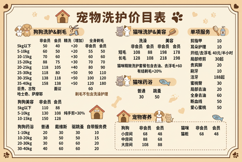 参考第二张图的布局和风格，将第一张图的宠物价目表内容重新设计成一张高级感的宠物店洗护价目表，整体简约高级，保留所有价格文字信息，排版整齐清晰，风格温馨可爱，带有宠物相关装饰元素预览效果