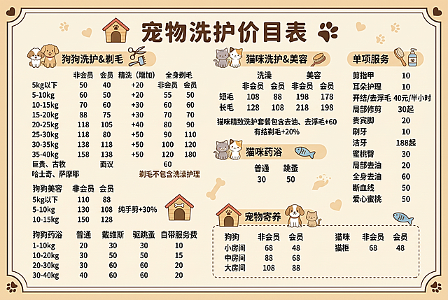 参考第二张图的布局和风格，将第一张图的宠物价目表内容重新设计成一张高级感的宠物店洗护价目表，整体简约高级，保留所有价格文字信息，排版整齐清晰，风格温馨可爱，带有宠物相关装饰元素