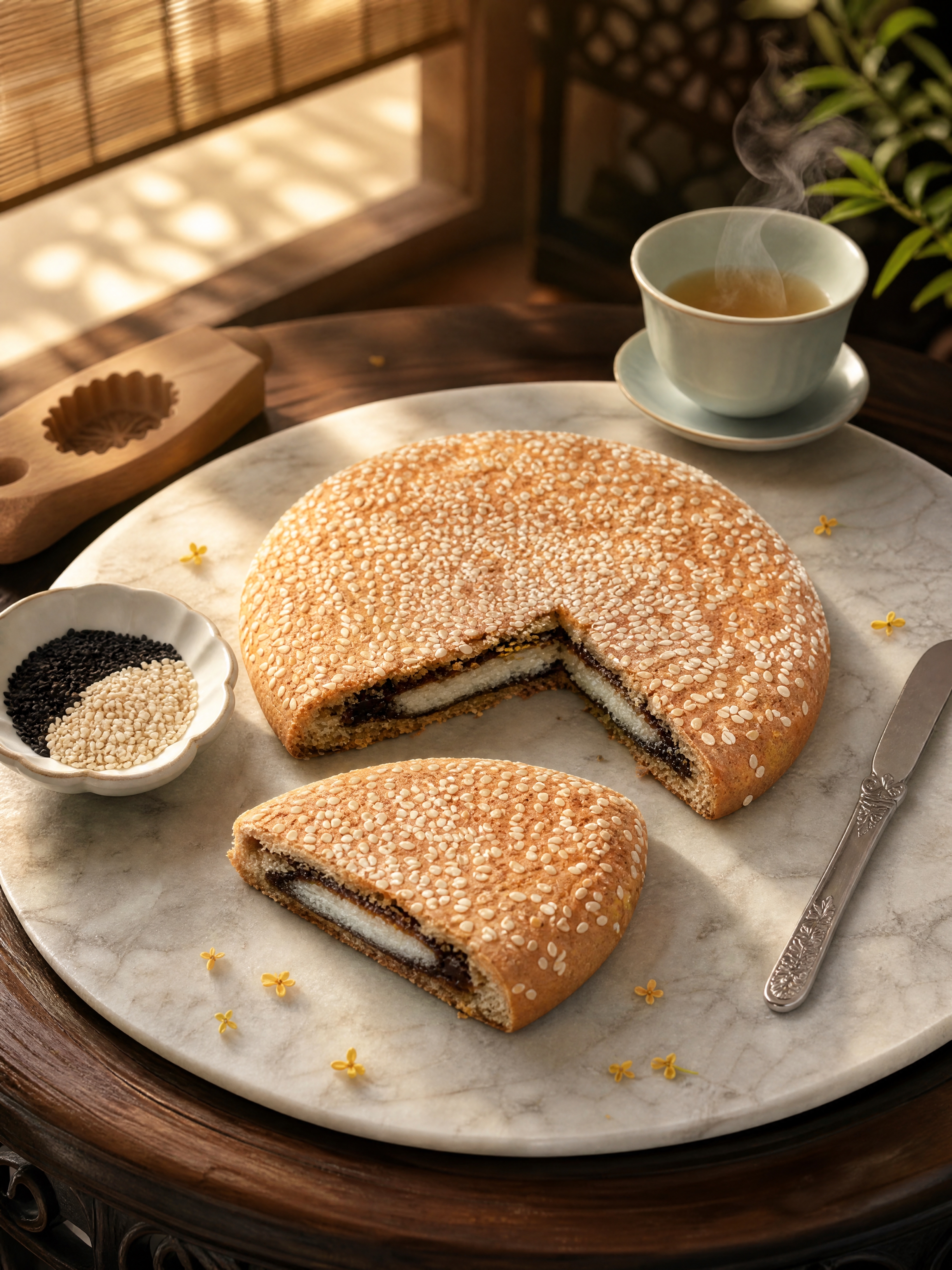 超写实中秋月饼大饼特写场景摄影。 主体：传统芝麻大饼严格参照上… - 图片创意预览