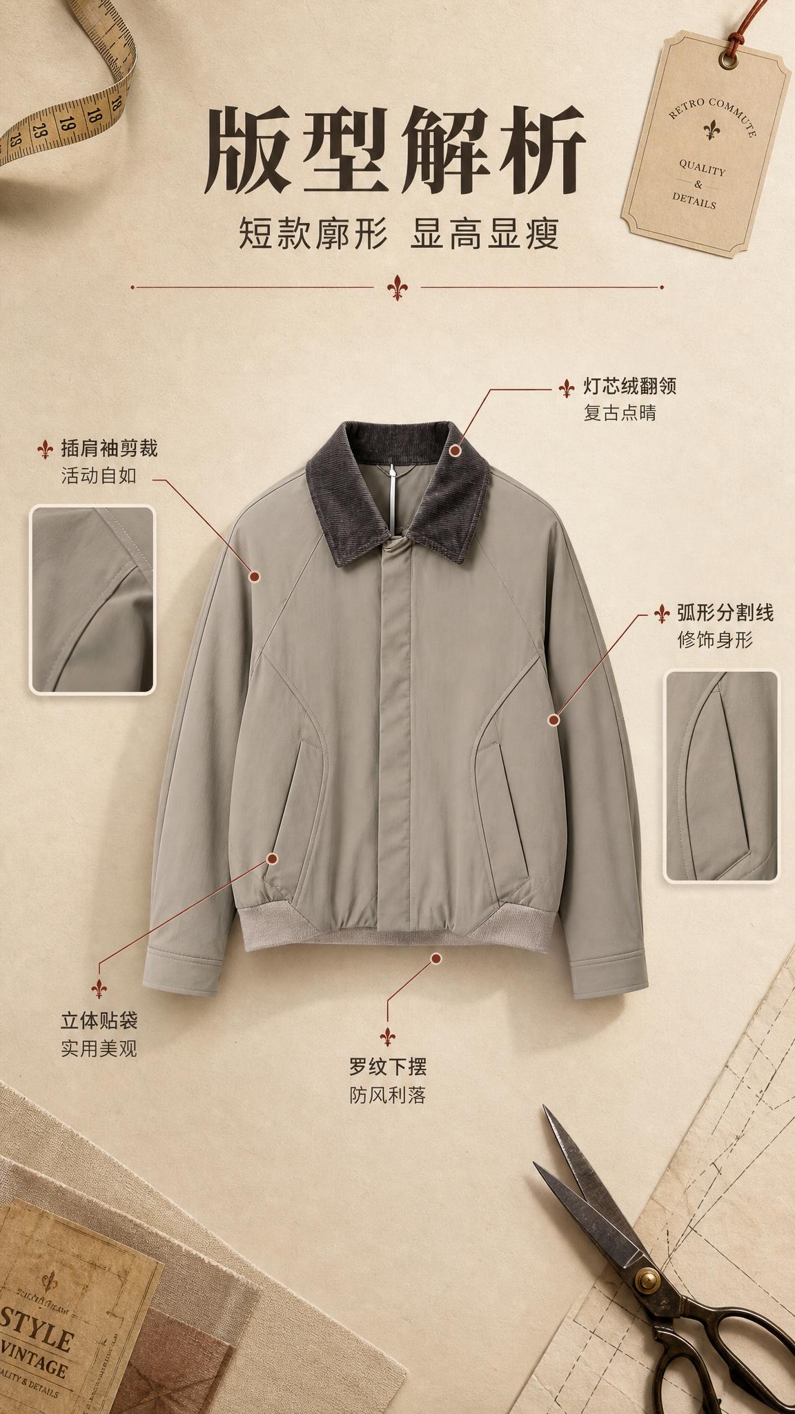 [商品] 使用【图1】卡其灰色灯芯绒领短款夹克；商品处理：保留… - 图片创意预览