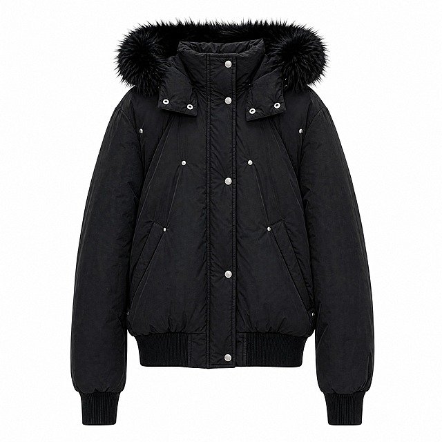 [主图-1] Women's Black Faux Fur Hooded Puffer Jacket（商品名称）——亚马逊合规白底首图：在纯白背景上正面完整展示整件黑色短款毛领连帽加厚外套，让买家一眼看清版型、颜色与关键结构，本张不加任何文字与道具。
[统一基调] 全组统一视觉：冬日都市简约时尚摄影，浅冷灰背景体系；标题字色近黑 #111111，辅助字色中灰 #6B6B6B，强调色冷银灰 #B8BCC0（呼应金属按扣）；全套只用一种无衬线几何字体外观，细线描边图标配无边框半透明浅底卡片；单张只更换任务、视角、文案与组件位置。
[画面] 纯白背景 #FFFFFF，外套以立体支撑方式正面朝向镜头展示，不可挂拍，主体占画面约 85%，水平居中、四周留白均匀。清晰呈现宽松短款廓形、蓬松对称的毛领连帽、前沿按扣加隐藏拉链的双门襟、圆润冷银金属按扣、带按扣的斜插口袋、罗纹针织下摆与罗纹袖口、光滑微亮的锦纶面料与横向夹层绗缝；左右袖自然垂落对称，领口、口袋、门襟、下摆、面料反光均与输入产品图完全一致，不得改动结构与比例。
[光影质感] 电商棚拍柔光：大面积漫射主光配合两侧补光，面料呈现细腻微亮的缎感反射，按扣出现冷金属小高光，下摆与袖口保留真实接触阴影，白底干净无渐变、无硬边投影。
[配色] 画面只保留黑白灰，白色仅作背景使用，不出现任何彩色元素。
[文字版式] 本张不加任何可见文字、图标、标签、边框、道具与水印（Amazon 服装首图须正面平铺或正面模特，不可挂拍）。
[输出要求] 比例 1:1 正方形，商品清晰锐利、边缘干净无白底残留；负向：产品变形、颜色偏差、主体模糊、结构错乱、悬浮穿模、水印、平台 Logo、可见文字、拼图。