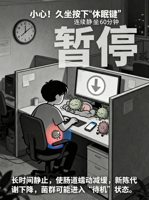 帮我把这个解释：长时间静止，使肠道蠕动减缓，新陈代谢下降，菌群可能进入“待机”状态。给我融入进去预览效果