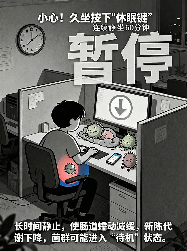帮我把这个解释：长时间静止，使肠道蠕动减缓，新陈代谢下降，菌群可能进入“待机”状态。给我融入进去