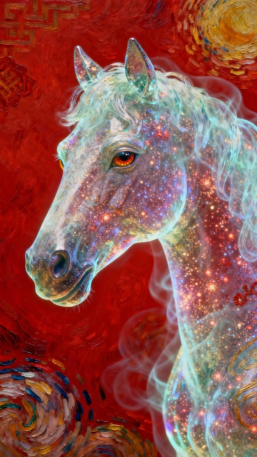 风格为印象派,梵高风格的油画，细腻笔触明显。,这是一幅具有印象派、梵高风格的油画，画面以明显的笔触绘制，呈现出独特的艺术质感。画面中是一个由幽灵粒子组成的中国风马的正侧脸，眼睛炯炯有神，微小的粒子通过预览效果