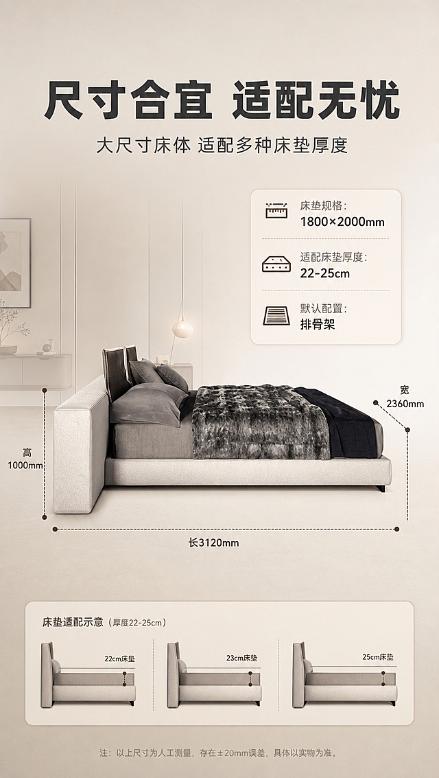 [商品] 使用【图1】意式简约布艺软包床；保留箱体结构、高软包靠背、低床架、米杏色面料；商品处理：保持床体结构比例准确，尺寸标注符合真实规格，不改变外观。
[画面] 目标：空间尺度说明，展示整床尺寸与卧室占地关系及床垫适配；构图：等轴测侧视示意图+尺寸引线标注；主体占画面约60%，床侧视位于画面中央；前中后景：前景浅米色地面，中景床体+尺寸虚线，后景浅暖灰渐变底+简约卧室轮廓；尺寸线清晰标注长宽高，床垫适配示意叠加展示。
[视觉] 套系策略：风格=意式简约轻奢高级商业摄影+技术尺寸示意；标题字=现代无衬线粗体（思源黑体Heavy）；正文字=简洁无衬线体（思源黑体Regular）；主色=米杏色/暖白色；背景延展=基于米杏色做深浅层级、同色渐变和细腻哑光质感；强调色=深咖色，仅用于小面积图标、引线和标签；标题色=深炭灰；正文色=中暖灰；组件=圆角浅底信息卡、细线尺寸引线、数据卡；光影=均匀柔光，床体清晰有体积感。
[文字] 顶部主标题「尺寸合宜 适配无忧」（8字）；副标题「大尺寸床体 适配多种床垫厚度」（12字）；床体引线标注尺寸：「长3120mm」「宽2360mm」「高1000mm」；右侧信息卡：「床垫规格：1800×2000mm」「适配床垫厚度：22-25cm」「默认配置：排骨架」；文字全部横排，不遮挡床体主体。
[规格] 图片比例9:16竖版，分辨率4K，quality=medium；负向提示：避免变形、错字、文字过小、尺寸标注错误、冷蓝/蓝灰背景、水印、平台Logo、竖排文字。