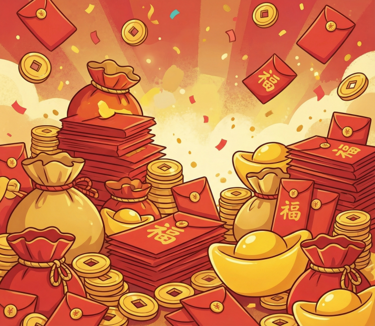 和参考图一致的2D手绘卡通风格，画面里充满红包、钱币、元宝和钱袋子，洋溢着富足喜庆的氛围预览效果