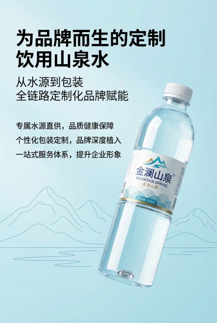 2:3竖版电商详情图，严格还原上传的金澜山泉定制水产品图，包括包装设计、颜色、LOGO位置、文字内容、图案元素等所有细节，图片里的产品在真实物理空间里与其他物体的大小关系视觉要协调，比例保持1:1，避预览效果