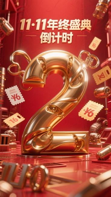 金属艺术字体设计“11·11年终盛典 倒计时2天”中的“2”要大突出，成为画面主体，金色金属质感，红色背景，活动氛围，促销元素包围预览效果