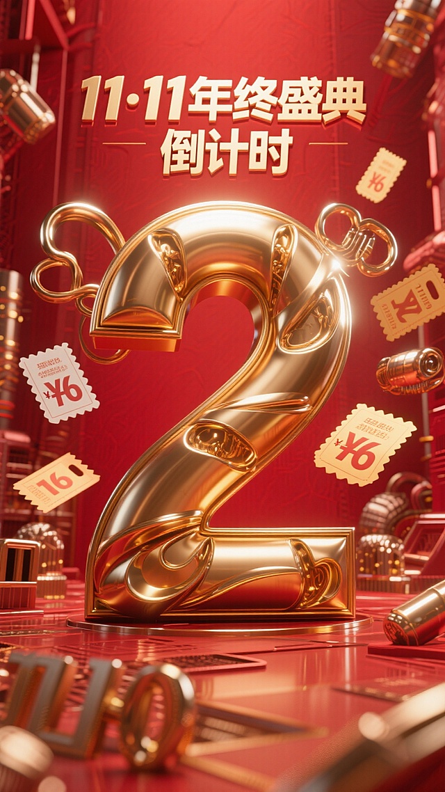 鎏金3D数字“2”立体呈现，金属质感闪耀，光影流动营造奢华氛围，结合重拟物风与喜庆红金配色，传递双11年终盛典倒计时的强烈视觉冲击。