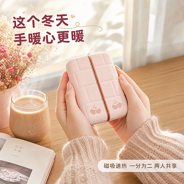 [主图-4] 真实使用场景，展示女生冬季日常手持暖手宝的温馨使用场景，让用户直观感受使用体验。
[统一基调] 整体风格温馨精致、礼物感强，背景主色为柔粉色渐变搭配浅香槟金点缀，标题字色为深玫瑰红，辅助字色为暖棕灰，强调色为香槟金，字体为圆润无衬线中文字体，字号层级分明，卡片与图标统一圆角柔和样式。
[画面] 场景为温馨的室内桌面环境，冬日午后的暖光氛围。一位年轻女性的双手自然捧着合二为一的粉色暖手宝，手部皮肤白皙细腻，手指自然弯曲握住暖手宝两侧，呈现舒适取暖的状态。桌面上有一杯冒着热气的奶茶、一本翻开的书和一小束干花，背景是模糊的落地窗和白色纱帘，阳光柔和地洒进来。暖手宝位于画面视觉中心，占画面约30%，产品外观与原图完全一致。整体氛围温暖治愈，体现冬日取暖的舒适感。
[光影质感] 真实生活摄影质感，自然光从右侧窗户照入，形成柔和的侧逆光，人物手部边缘有暖金色轮廓光，桌面有自然的光影层次。暖手宝表面有自然的环境反光，材质真实，与手部接触自然无悬浮感。
[配色] 场景主色调为暖米色+柔粉色+浅木色，整体温暖柔和。产品粉色与环境协调融合，文字沿用深玫瑰红+暖棕灰配色。
[文字版式] 画面左上角放置主标题「这个冬天 手暖心更暖」，深玫瑰红色粗体，字号适中不抢画面。右下角小字标注「磁吸速热 一分为二 两人共享」，暖棕灰色。文字放在画面负空间，不遮挡人物和产品主体。
[输出要求] 1:1正方形，2048×2048像素，文字清晰可读，产品清晰可辨，人物手部结构自然正常，无畸形手指、无穿模。无错字、无水印、无平台Logo。禁止产品变形、颜色偏差。