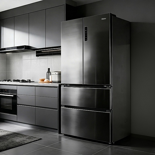 现代感厨房，科技感金属风冰箱，性冷淡风设计，简约主义线条，工业感材质，暗黑系配色，重拟物风细节。