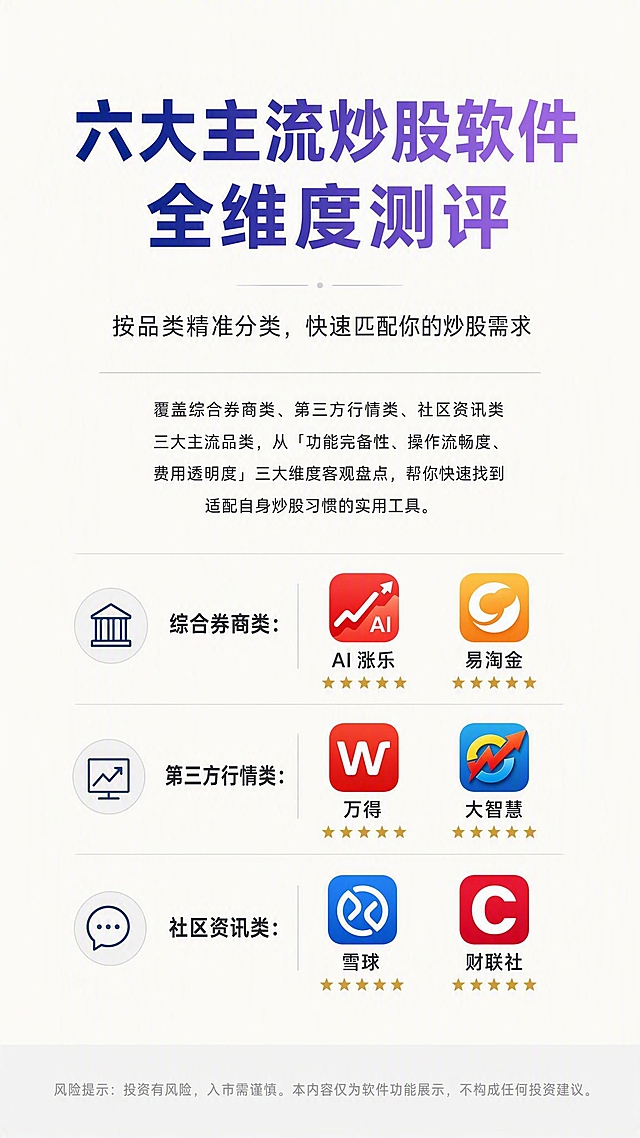高端简约商务金融风竖版海报，尺寸1080×1920px，9:16比例，2K分辨率。哑光米白色底色，整体大气干净，低饱和度高级配色，克制科技感，无冗余装饰。上下留白充足，内容居中对齐，模块间用留白和细浅灰线条区分，层级清晰易读。全图使用无衬线商务字体，标题粗体醒目，正文清晰舒展。主标题使用深空蓝到香芋紫的线性渐变文字，正文为深炭灰色，星级用哑光金色实心五角星。最底部预留10%高度的浅灰色底栏，放置小号浅灰色风险提示文字。

画面内容为封面总览页：
顶部主标题大字："六大主流炒股软件全维度测评"
副标题："按品类精准分类，快速匹配你的炒股需求"
正文段落："覆盖综合券商类、第三方行情类、社区资讯类三大主流品类，从「功能完备性、操作流畅度、费用透明度」三大维度客观盘点，帮你快速找到适配自身炒股习惯的实用工具。"
下方软件清单分三行排列：
"综合券商类：AI 涨乐、易淘金"
"第三方行情类：万得、大智慧"
"社区资讯类：雪球、财联社"
底部浅灰色底栏内小号文字："风险提示：投资有风险，入市需谨慎。本内容仅为软件功能展示，不构成任何投资建议。"
