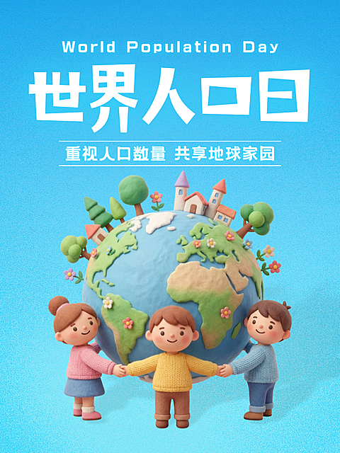 世界人口日节日宣传3D地球小红书封面