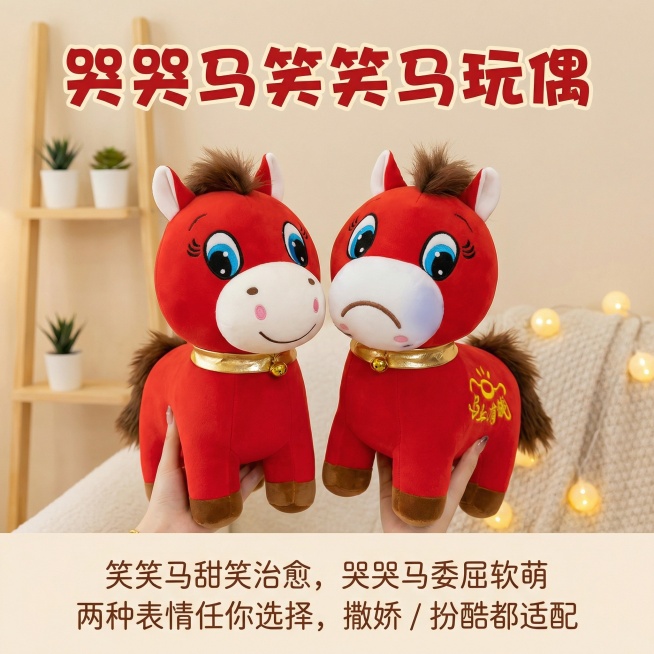 这是一款哭哭马和笑笑马毛绒玩偶，换个背景，要家居类的，温馨简约一点，玩偶是视觉中心，第一眼要先看到偶，添加【哭哭马笑笑马玩偶】【笑笑马甜笑治愈，哭哭马委屈软萌，两种表情任你选择，撒娇 / 扮酷都适配】预览效果