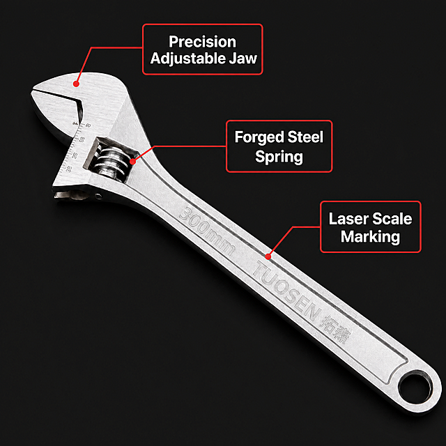 [4th Screen] Structure detail: wrench with 3 callout boxes pointing to jaw, spring, scale. Labels: "Precision Adjustable Jaw", "Forged Steel Spring", "Laser Scale Marking". Dark background #222222, white text, red callout borders. Uses 【image1】 as base. 1:1, 4K.