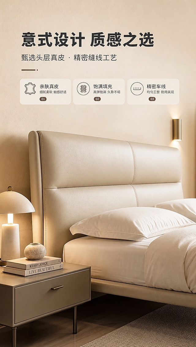 [商品] 使用【图1】米杏色齐边真皮床；保留软包床头的长方形造型、横向缝线分块设计、浅米色真皮材质、金属细床脚；重点展示床头部分的材质与缝线细节。
[画面] 目标：设计美学页，突出床头真皮软包的质感与意式极简设计叙事。构图：上文下景，顶部约1/4文案区，下方大场景特写；产品占画面约65%，床头近景侧视角度，聚焦床头软包的缝线与皮面质感；前景床头柜+台灯+装饰摆件，中景床头主体，后景暖调墙面+壁灯；柔和侧光凸显皮革纹理。
[视觉] 套系策略：风格=意式极简高级商业摄影；标题字=现代无衬线粗体（思源黑体Heavy）；正文字=简洁无衬线体（思源黑体Regular）；主色=米杏色（#E8DCC8）；背景延展=基于米杏色做深浅层级、同色渐变和细腻墙漆/织物质感；强调色=深咖色（#6B5B4F），仅用于小面积图标、引线和标签；标题色=深炭灰（#2C2C2C）；正文色=中暖灰（#6B6B6B）；组件=圆角浅底信息卡、细线引线、数字序号胶囊；光影=右前侧暖柔光，柔和阴影。
[文字] 顶部文案区：主标题「意式设计 质感之选」，副标题「甄选头层真皮 · 精密缝线工艺」；画面中下部3个图标+短文案横向排列：「亲肤真皮」「饱满填充」「精密车线」；文字不遮挡床头主体。
[规格] 图片比例9:16竖版，4K分辨率，淘宝/天猫适配，中文文案，避免变形、错字、文字过小、冷蓝背景、床结构改变、颜色失真、极限词。