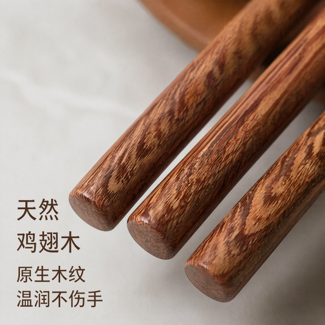 [主图-3] 儿童鸡翅木矫正筷子材质细节特写图。氛围风格为专业品质展示，突出天然材质细节；超微距高清特写，细节清晰锐利，质感真实自然。放大展示儿童鸡翅木筷子的局部特写，清晰呈现天然鸡翅木的V字形纹理，预览效果