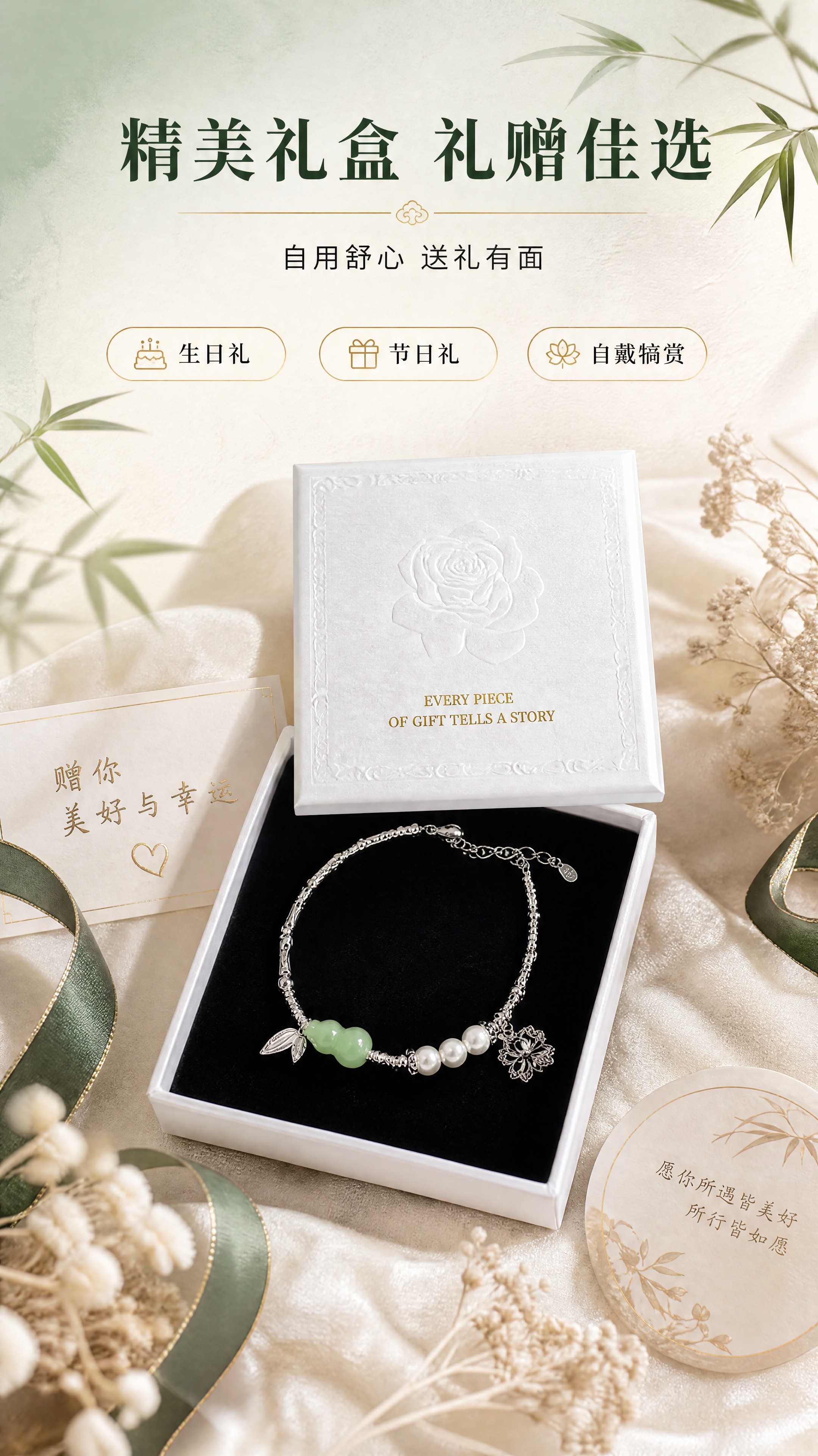 [商品] 使用【图1】节节高福禄手链及白色礼盒包装；保留手链原… - 图片创意预览