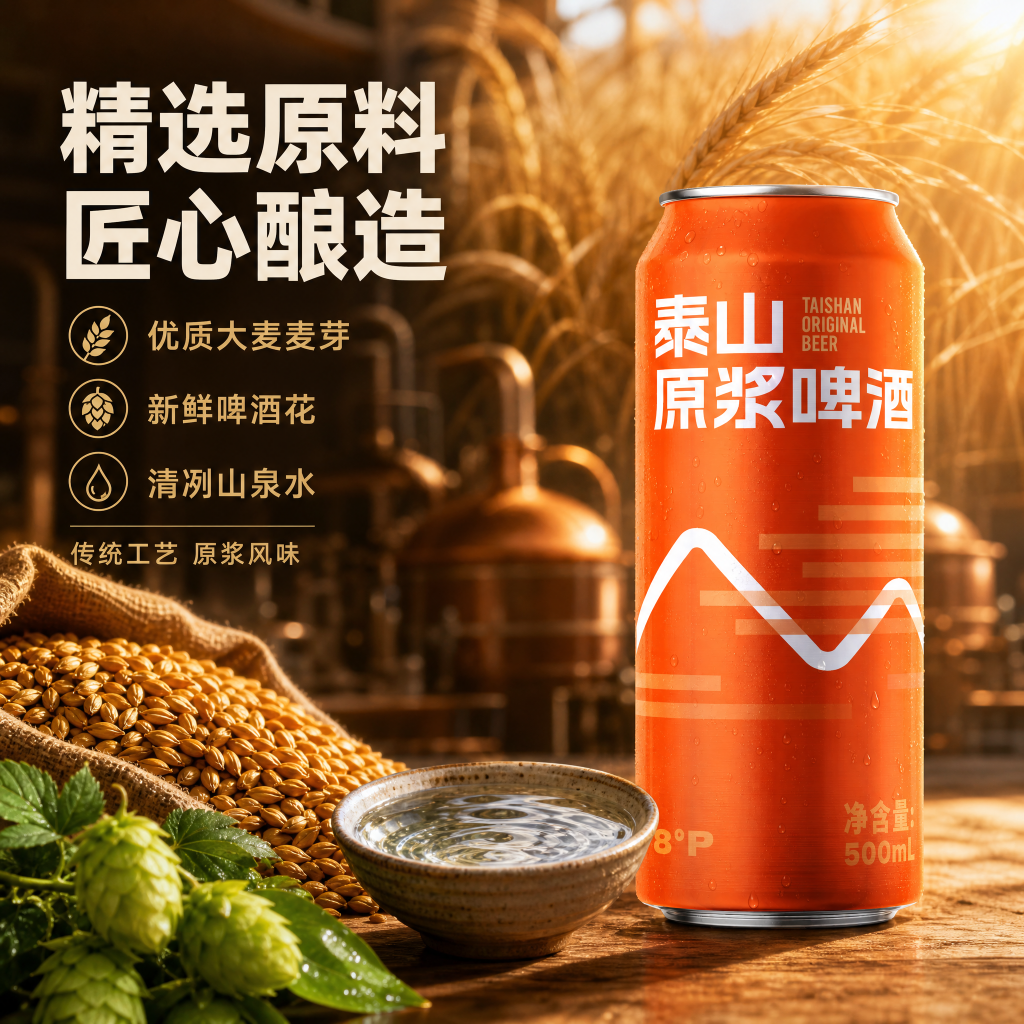 [主图-2] 原料工艺溯源图，主题为泰山原浆啤酒的优质原料与传… - 图片创意预览