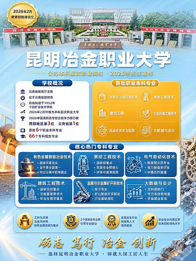 将这张昆明冶金职业大学招生宣传海报的整体背景色由深蓝色改为清新淡蓝色（天蓝色/浅蓝渐变），保持明亮通透的感觉。所有文字内容、版式布局、卡片样式、图标、专业色块颜色、标题字体、校训、金色徽章等全部保持原样不变，仅替换背景色为淡蓝色渐变。画面顶部校园实景图保留，其上方的渐变蒙层也改为淡蓝色半透明渐变。整体风格清新明亮，公办院校正式感。不需要二维码。