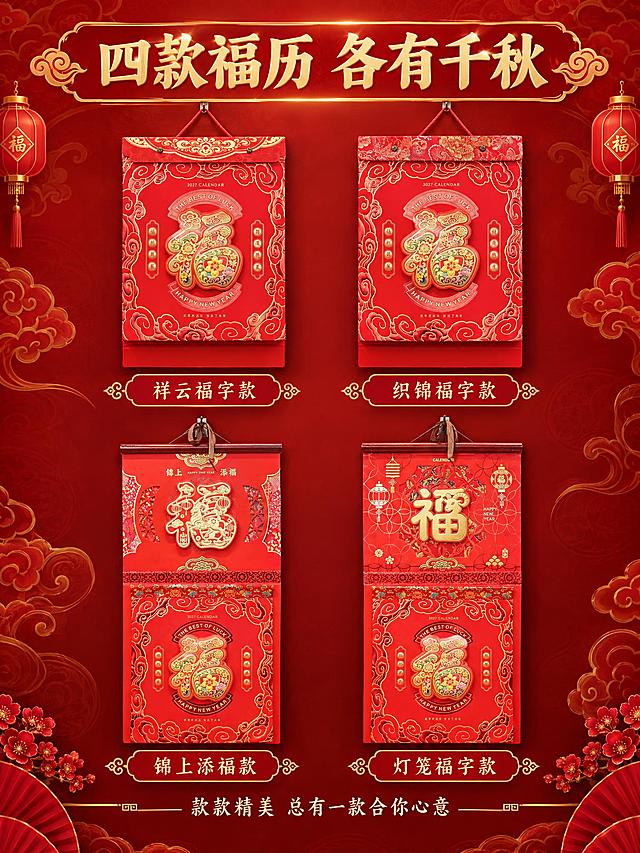[商品] 使用【图1】【图2】【图3】【图4】2027福字八开双日择吉通胜撕历挂历四款封面；分别为：图1祥云福字款（祥云纹顶边+浮雕福字）、图2织锦福字款（织锦顶边+浮雕福字）、图3锦上添福款（双层羊年福字镂空雕花）、图4灯笼福字款（双层灯笼福字铜钱纹）；各款外观严格保留与原图一致。
[画面] 页面目标：系列展示，四款封面全家福并列呈现，满足不同审美喜好。构图：2×2宫格矩阵，四款撕历均匀分布，每款下方标注款式名。景别：中景。四款产品均为正面悬挂展示，大小一致，排列整齐，背景统一为深红色渐变带金色暗纹，整体和谐统一。
[视觉] 套系策略：风格=传统年俗喜庆商业摄影；标题字=大气宋体加粗；正文字=雅致楷体；主色=中国红；背景延展=基于中国红做深浅渐变、暗纹祥云、金色描边层次；强调色=烫金色，仅用于标题、图标、引线和装饰纹样；标题色=烫金色；正文色=米白色；组件=金色描边红底圆角信息卡、传统回纹分隔线；光影=均匀正面光，四款产品光线一致，浮雕烫金光泽清晰。
[文字] 顶部通栏主标题"四款福历 各有千秋"烫金色大字。四款下方分别标注："祥云福字款"、"织锦福字款"、"锦上添福款"、"灯笼福字款"，金色小字配红底标签。底部一行副标题"款款精美 总有一款合你心意"米白色。
[规格] 图片比例3:4竖版，2K分辨率，避免变形、错字、文字过小、四款大小不一、产品外观改动、冷蓝/蓝灰背景、水印、平台Logo。