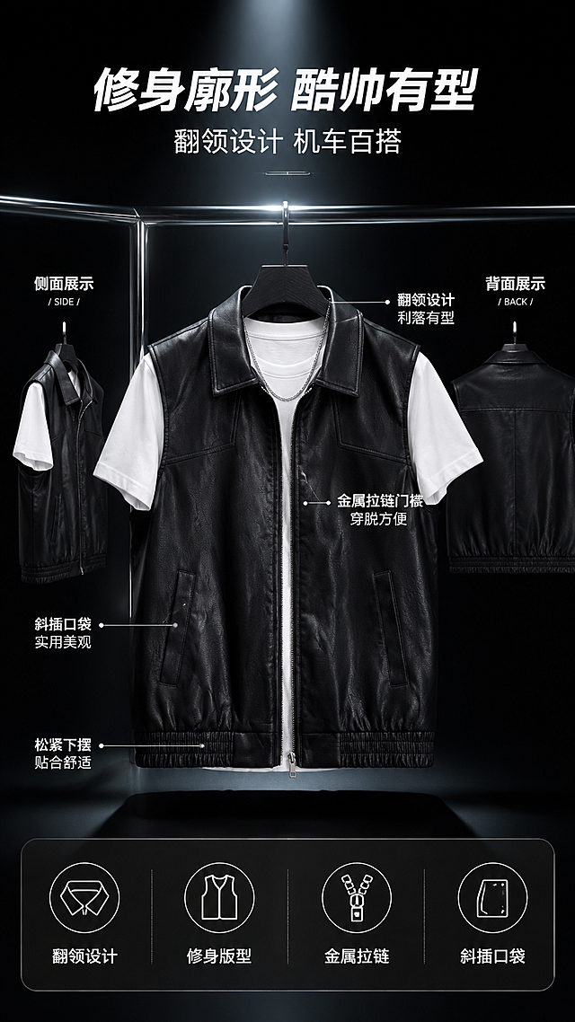 [第2张] 详情页版型解析-黑色翻领皮质马甲多角度廓形展示。本张使用【图1】作为商品主体。
[氛围/风格] 硬朗酷帅风，冷调光影，商业产品摄影质感，信息图版式。
[元素布局] 画面中央展示皮马甲正面全貌，占比约45%；左右两侧分别排列侧面图和背面图小图，各占约20%；背景为深黑色简约背景+金属挂架+冷光效果；从翻领、肩线、下摆、门襟、口袋处引出细线标注设计亮点；保持皮马甲颜色、皮革纹理、结构、拉链与输入图一致。
[光影质感] 顶部冷光照明，左右辅光补光，衣服褶皱自然，皮革纹理清晰，立体感强，底部硬朗投影。
[配色色系] 全局底色 #0F0F0F 纯黑色；主色黑色皮革马甲；辅助色银白线条、白色文字；点缀色银色拉链。
[视角构图] 中间主图+左右双小图布局，阅读动线从主标题→主图→两侧细节小图→底部卖点。
[文字版式] 版式为顶部居中标题+中主图左右双小图+底部卖点条。主标题「修身廓形 酷帅有型」，副标题「翻领设计 机车百搭」，无衬线粗体居中；引线标注文字：「翻领设计 利落有型」「金属拉链门襟 穿脱方便」「斜插口袋 实用美观」「松紧下摆 贴合舒适」；底部4个图标配短句：翻领设计/修身版型/金属拉链/斜插口袋。
[比例分辨率] 9:16 竖版比例，2K分辨率，文字清晰可辨，高清画质。
[负向提示词] 衣服变形，比例失调，颜色偏差，水印，文字错乱，结构错误。