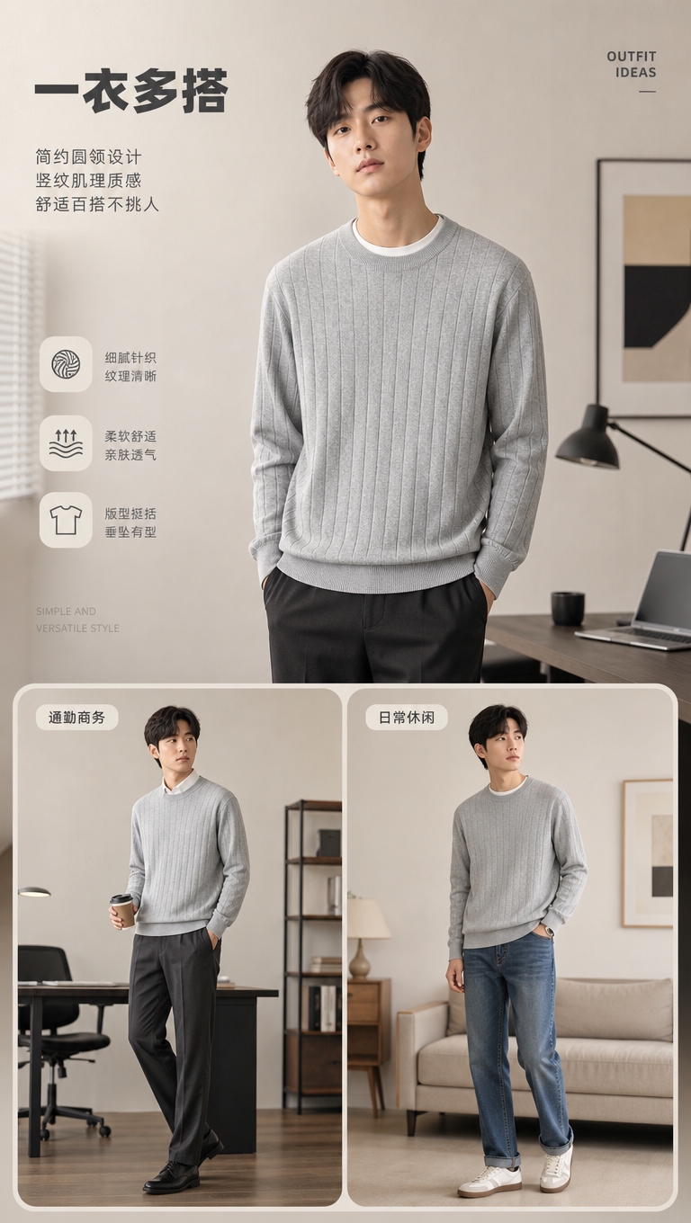 [商品] 使用【图1】浅灰色男士圆领竖纹针织衫；商品处理：保留… - 图片创意预览
