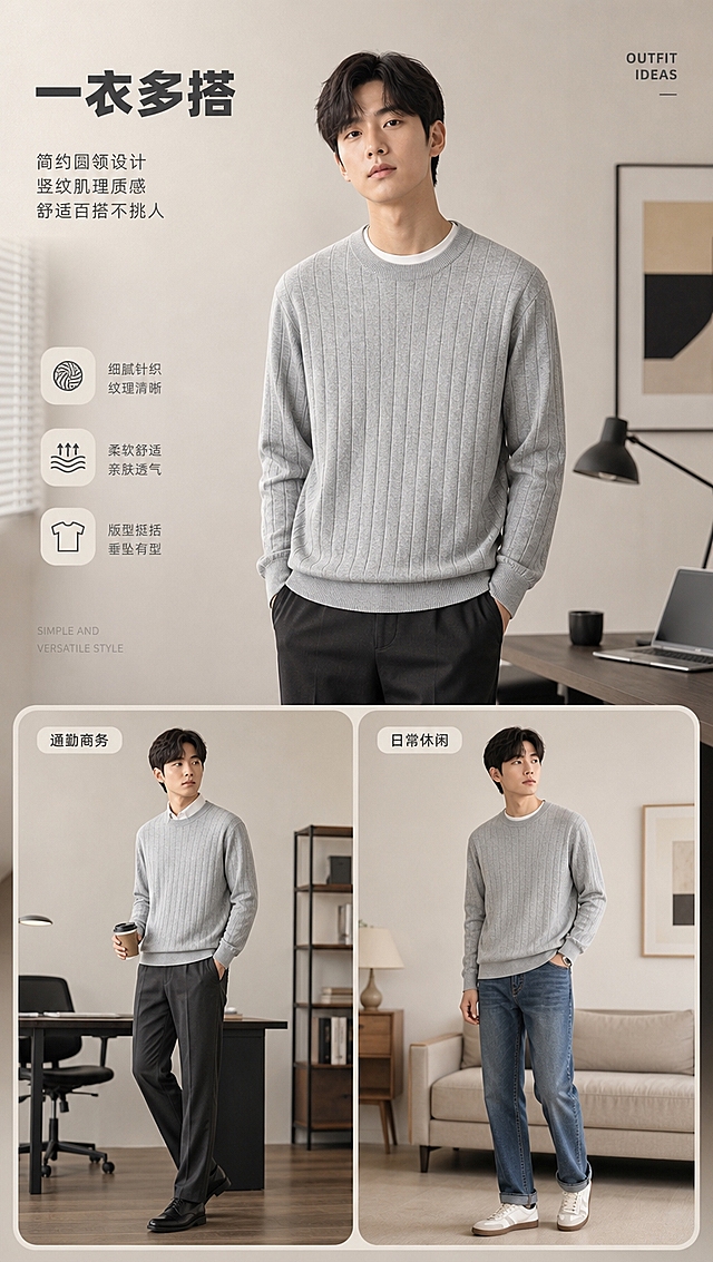 [商品] 使用【图1】浅灰色男士圆领竖纹针织衫；商品处理：保留圆领、竖纹肌理、长袖、罗纹下摆、袖口、整体版型和浅灰颜色；自然去除衣身杂乱褶皱与压痕，理顺垂坠，增强针织纹理质感，不改变版型和结构。
[画面] 页面目标：搭配灵感展示，体现多场景实穿性；上下构图，上方为亚洲男士模特正面穿搭主图（占画面55%），模特内搭白T外穿针织衫，搭配深色休闲裤，姿态自然放松，背景为简约室内通勤场景；下方左右排列2张小图，左侧为商务休闲风（搭配西裤），右侧为日常休闲风（搭配牛仔裤），形成3套穿搭展示。
[视觉] 套系策略：风格=国内电商轻商务高级质感摄影；标题字=现代无衬线粗体（字重偏粗）；正文字=简洁无衬线体；主色=浅灰+米杏；背景延展=基于浅灰与米杏做深浅层级、同色渐变和细腻织物/纸张质感；强调色=深炭灰，仅用于小面积图标、引线和标签；标题色=深炭灰；正文色=中暖灰；组件=圆角浅底信息卡、细线引线、轻量英文装饰；光影=左前侧暖柔光，柔和阴影。
[文字] 左上角主标题「一衣多搭」，右上角小号英文「OUTFIT IDEAS」，下方两张小图分别标注：通勤商务、日常休闲；文字横排，不遮挡模特和服装主体。
[规格] 图片比例9:16竖版，4K分辨率，避免变形、错字、文字过小、颜色改变、版型失真、冷蓝/蓝灰背景、白底孤立单品。