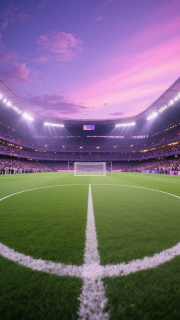 宏伟的足球场全景，绿茵茵的草坪上清晰可见白色的圆形中线和罚球区线，位于画面中央的足球门清晰可辨，四周是坐满观众的多层看台，看台上灯光璀璨，整个场景笼罩在梦幻的紫色和粉色渐变天空下，天空中点缀着淡淡的云彩，营造出浪漫而神秘的氛围，光源来自体育场顶部的明亮灯光，光线照亮了整个场地，形成明显的高光和阴影对比，整体呈现出现实主义的摄影风格，画面细节丰富，色彩饱满，具有强烈的视觉冲击力和空间感。预览效果