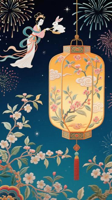 一座精美的六角宫灯，灯体采用针刺片工艺，镂空出祥云、桂花等图案。灯光亮起，透出温暖的光斑。最精彩的是，灯罩上运用走马灯原理，映出循环转动的皮影戏剪影：嫦娥舒袖、玉兔捣药，背景是深邃的夜空与绽放的烟花。预览效果