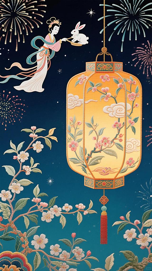 工笔刺绣风融合浮雕质感，古典嫦娥携玉兔飞天，金盏灯笼缀满繁花，烟花绽放夜空，极致唯美呈现中秋喜庆梦幻意境。