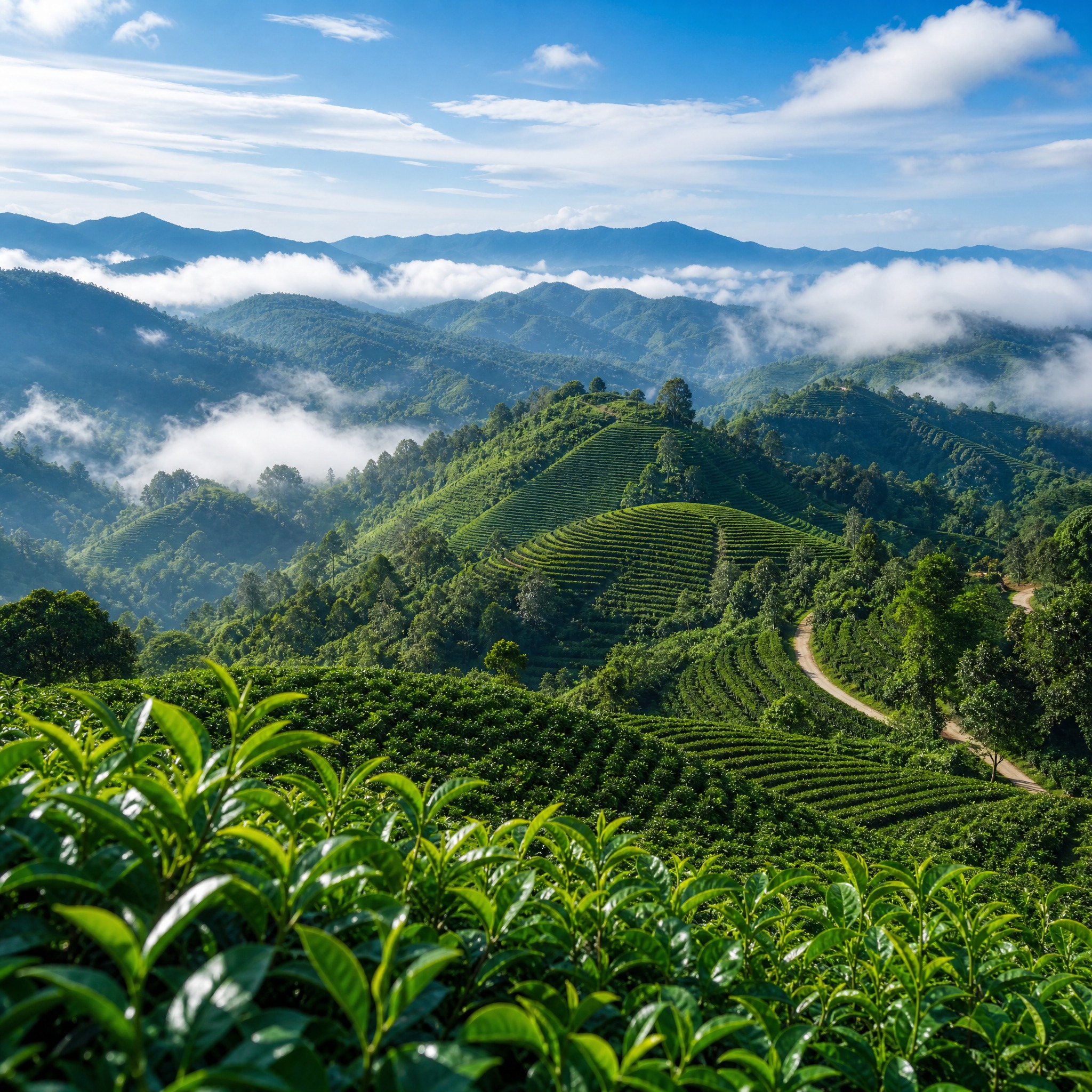 中国云南勐海普洱茶原产地自然风光，连绵起伏的茶山梯田，翠绿的茶… - 图片创意预览