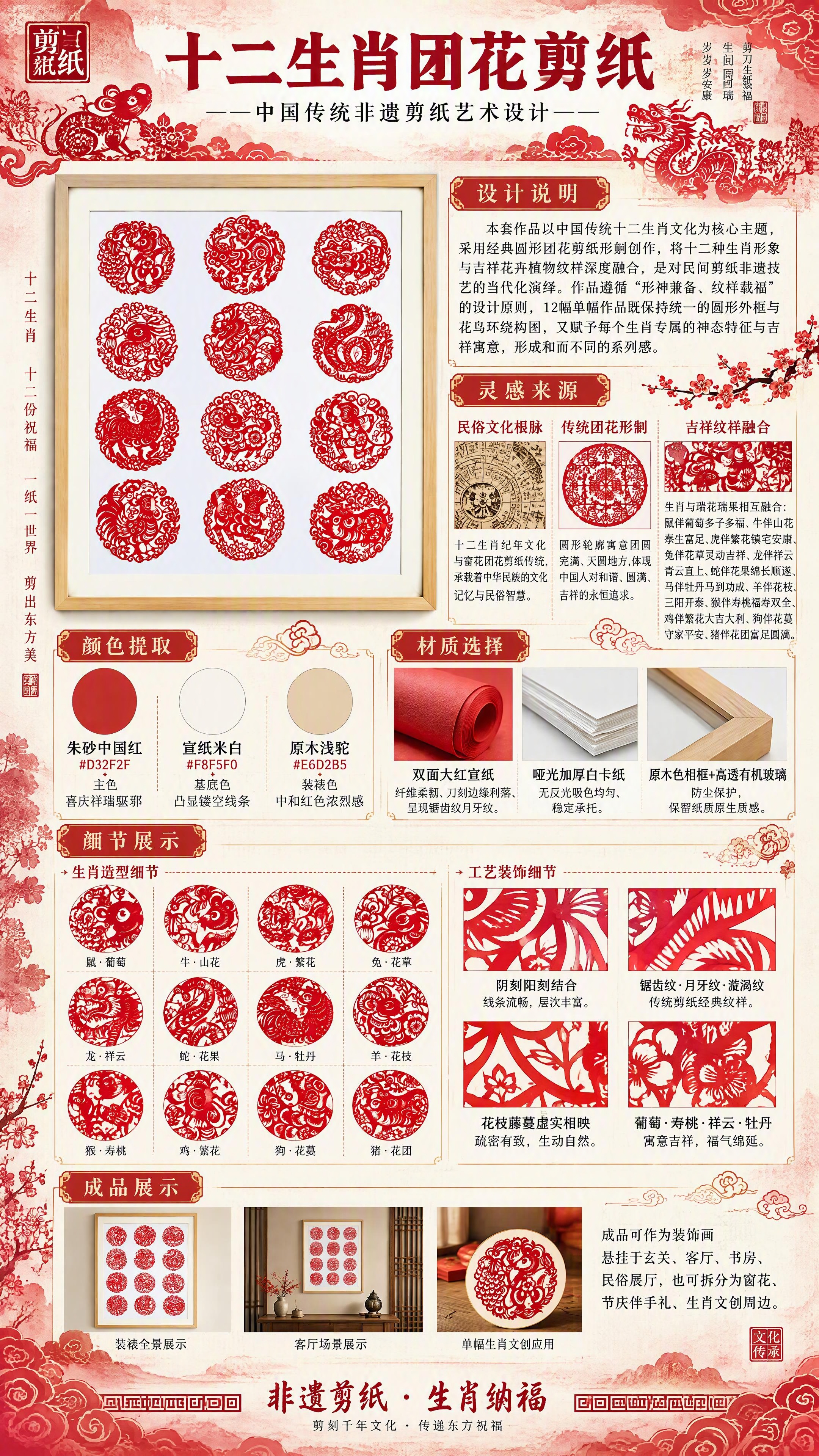 按图2“云隐羌寨”参赛展板的结构格式，为图1的十二生肖团花剪纸… - 图片创意预览