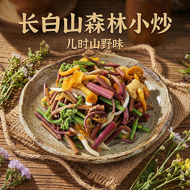 这款是森林小炒长白山特产山野菜 帮我设计十张主图 要高级一些