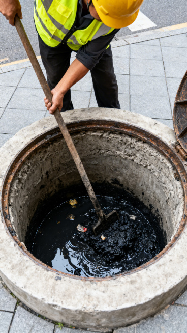一张管道疏通的图片，展示工人打开检查井清理管道淤积污泥的场景，清晰写实，单独单张展示，不要拼图预览效果