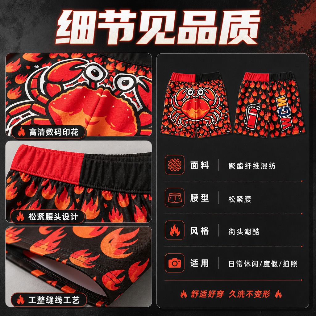 [商品] 使用【图1】火焰螃蟹印花休闲短裤；商品处理：保留正面… - 图片创意预览