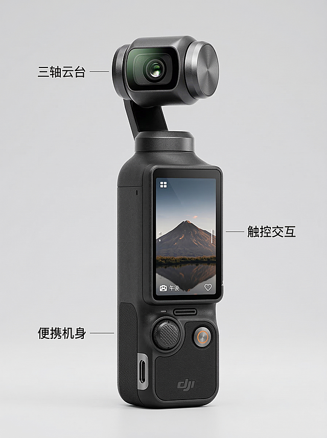 带大疆Pocket系列产品主体，和参考产品实拍图形态完全一致，微距级展示三轴云台、触控交互、便携机身核心结构细节，45°柔光主光+双侧轮廓光+底部补光，突出云台金属精密磨砂感、屏幕通透感、按键金属质感，无杂反光，强化产品工艺品质感，不重复核心卖点。标注文案“三轴云台”“触控交互”“便携机身”，标注文案字号占画面宽度10%，排版于对应细节旁，禁止标注文案遮挡细节核心质感呈现区域。主色调哑光黑占比80%，辅助色深灰占比15%+金属银占比5%，8K超高清、商业产品摄影级超写实画质，全画幅单反相机拍摄、100mm微距镜头、f/8小光圈、超景深、全景深、锐化清晰、边缘锐利、无畸变、无暗角，画面上下各10%、左右各5%为安全区，产品细节与标注文案置于安全区内