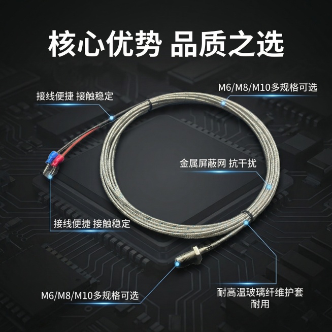 [主图主题]热电偶核心卖点展示
[氛围/风格]科技硬核工业风
[画面元素]热电偶完整放置在画面中心，使用极细科技感银色引线分别连接产品各部位：引线连接金属螺钉端标注“M6/M8/M10多规格可选”，连预览效果