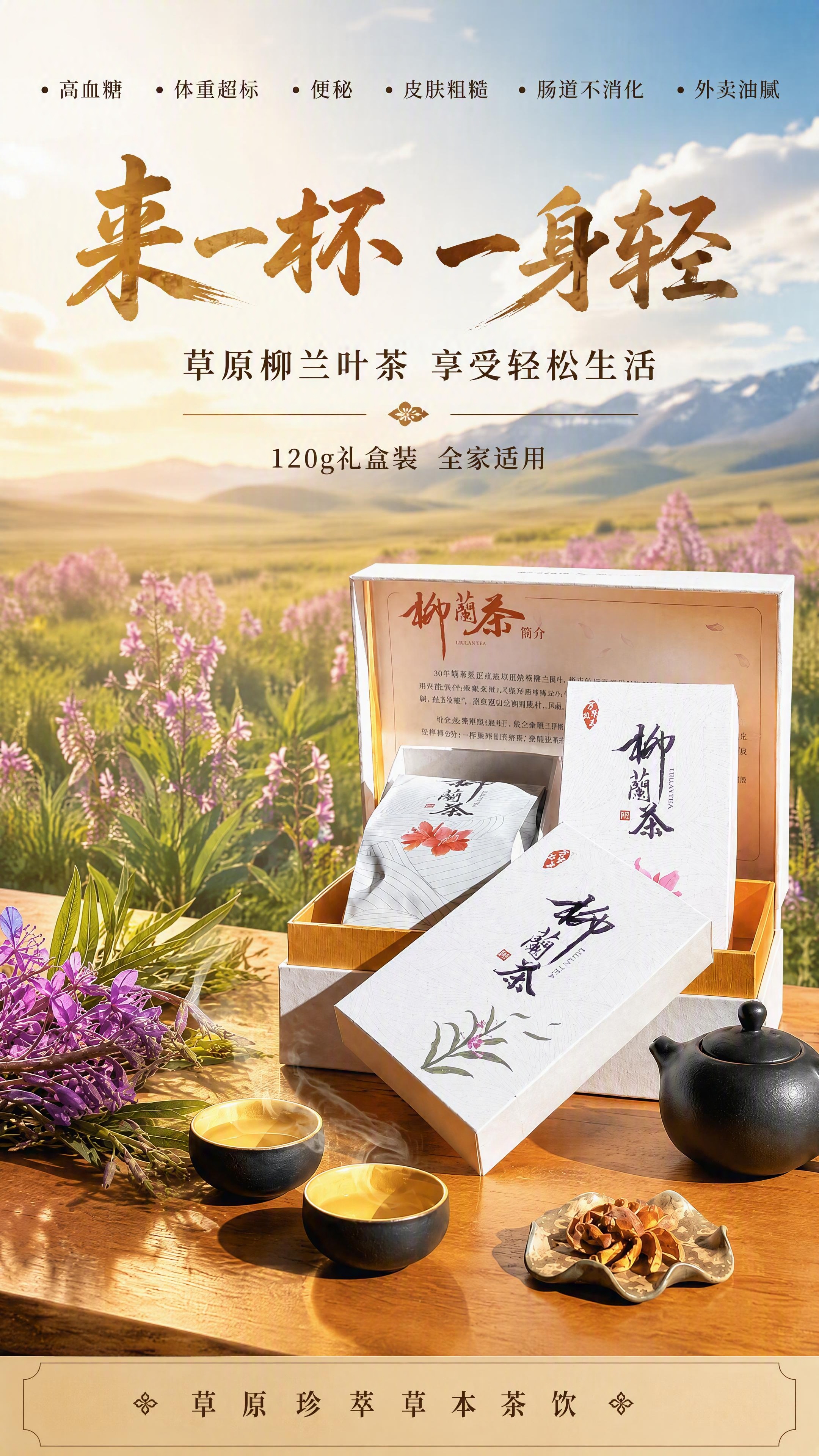 [第1张] 详情页头图主视觉 - 柳兰叶茶120g礼盒装产品海… - 图片创意预览