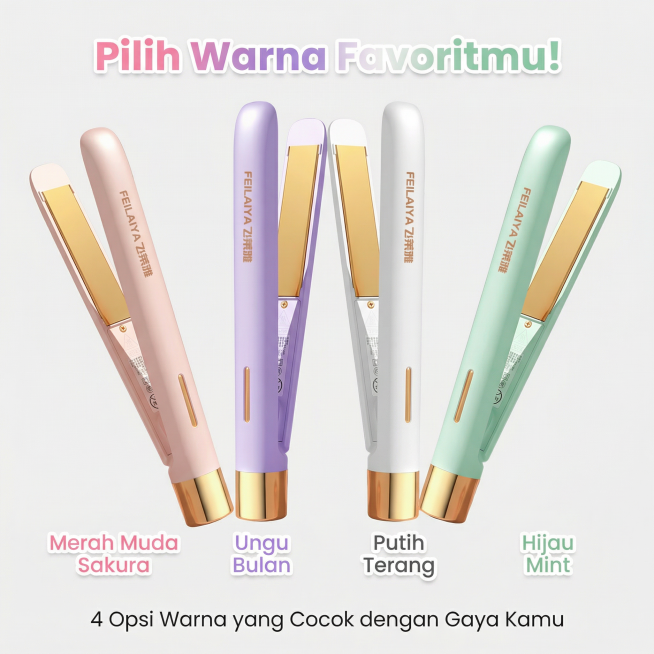 1：1 图片规格，明亮清新的东南亚风，背景为纯净浅灰色；4 款直板夹（樱花粉、月光紫、皓月白、薄荷绿）以对称扇形排列在画面中，每款产品下方标注对应颜色的印尼语名称（Merah Muda Sakura、预览效果